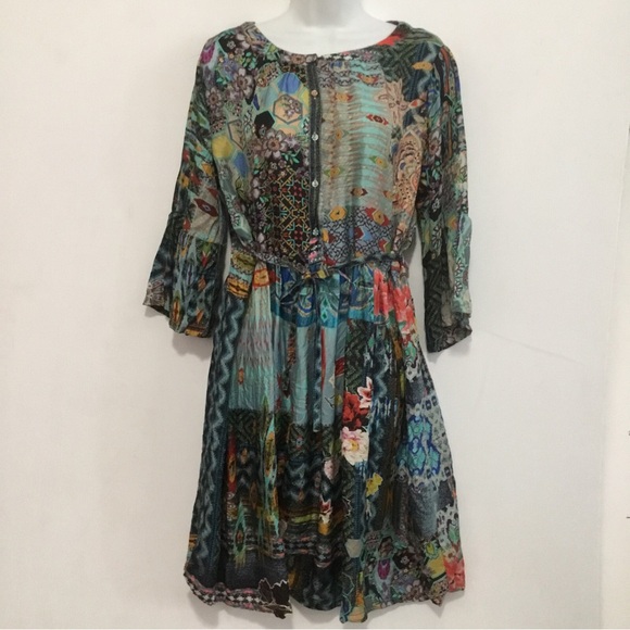 JOHNNY WAS  M Babydoll Patchwork Boho Dress Silk Lightweight 3/4 Sleeve Buttons - Picture 1 of 14